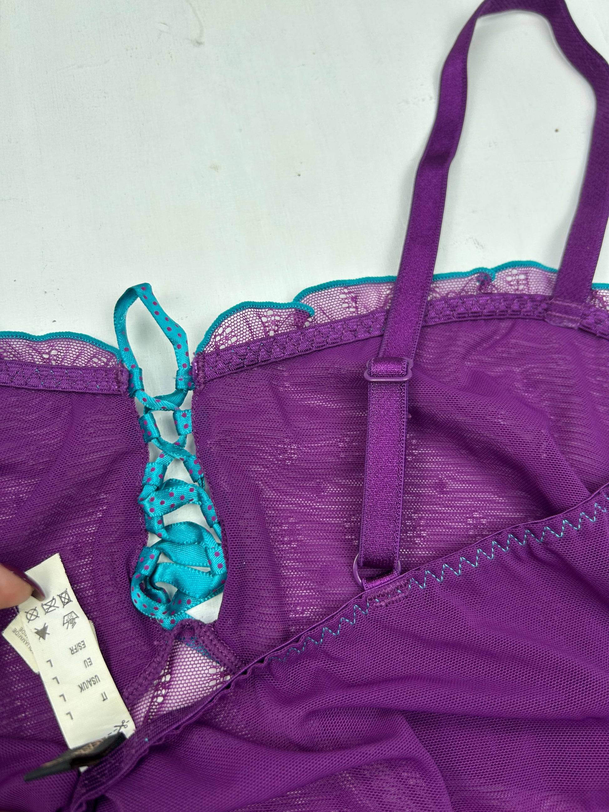 Purple mesh lace up babydoll cami top (L)