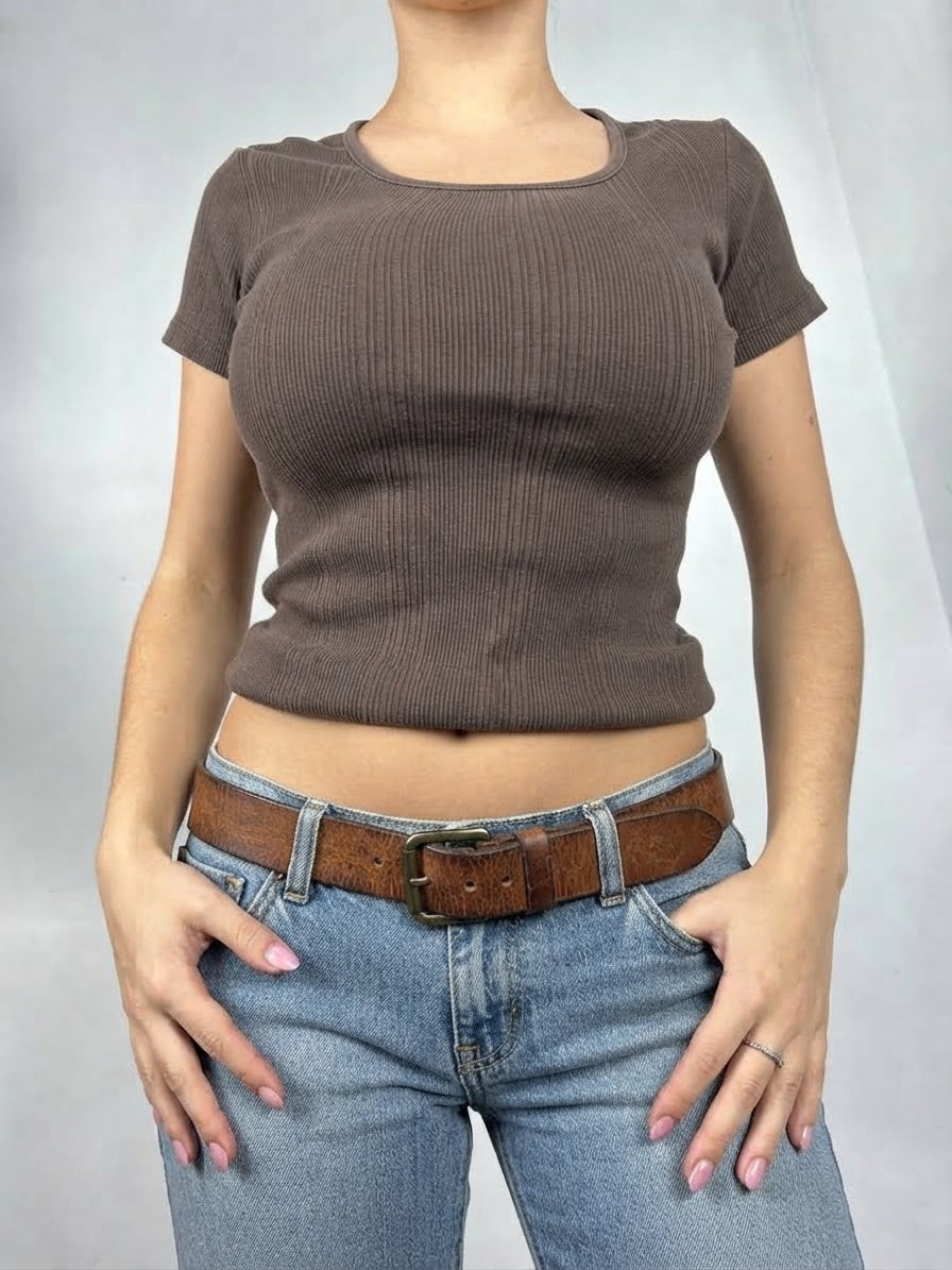 T-shirt côtelé extensible marron (M/L)