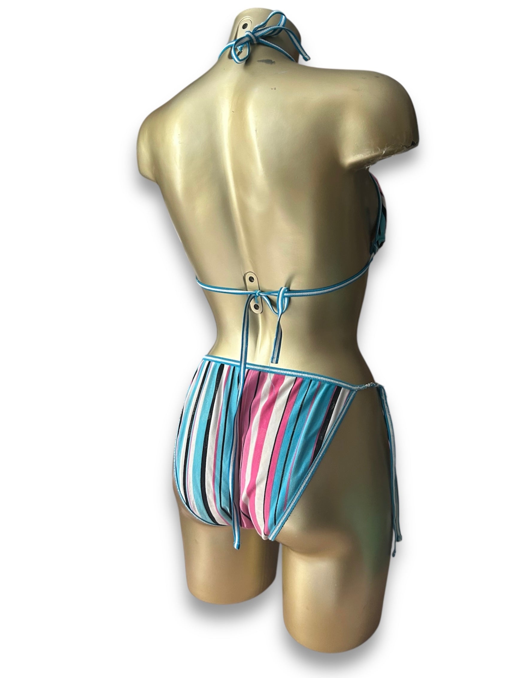 Blue & pink striped ajustable bikini set (M)