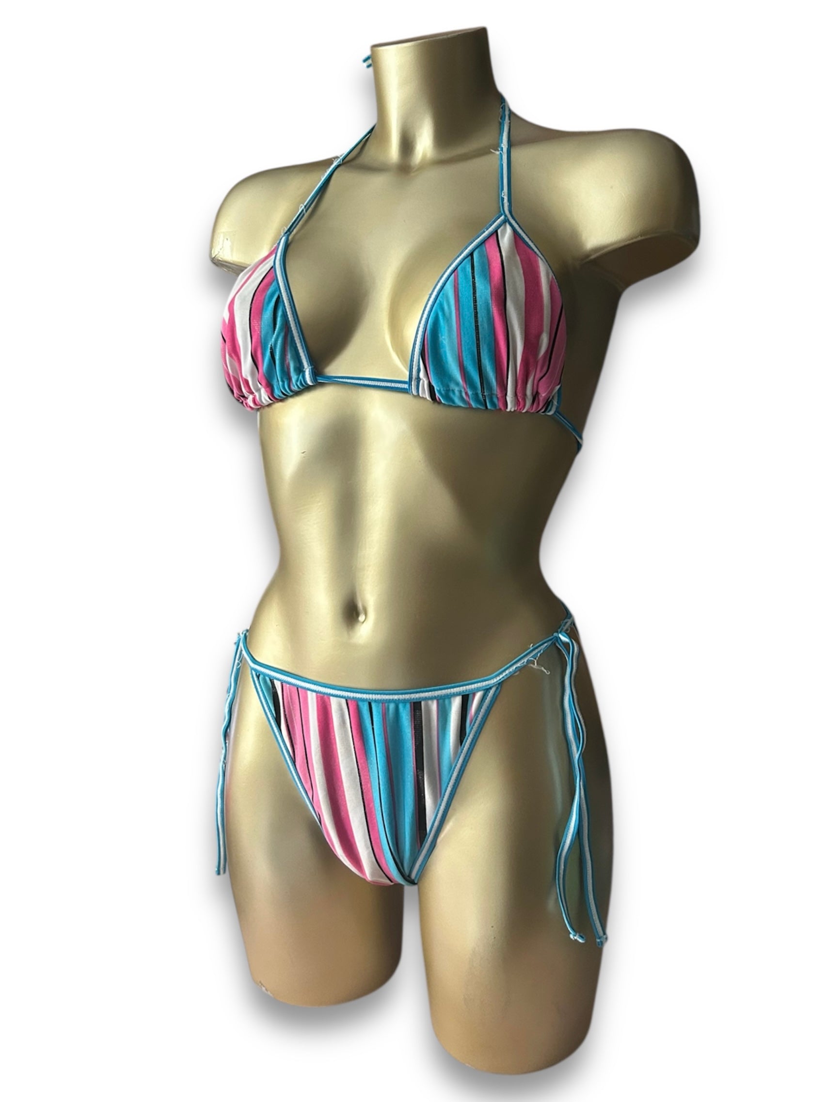Blue & pink striped ajustable bikini set (M)