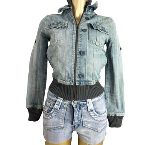 Blue denim zip up biker jacket (XS)