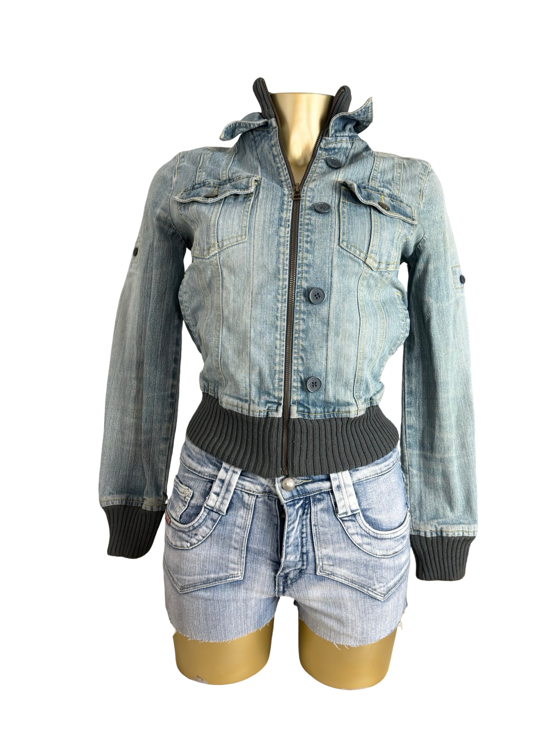 Blue denim zip up biker jacket (XS)