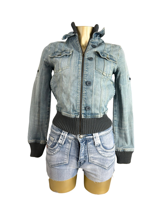 Blue denim zip up biker jacket (XS)