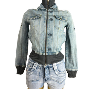 Blue denim zip up biker jacket (XS)