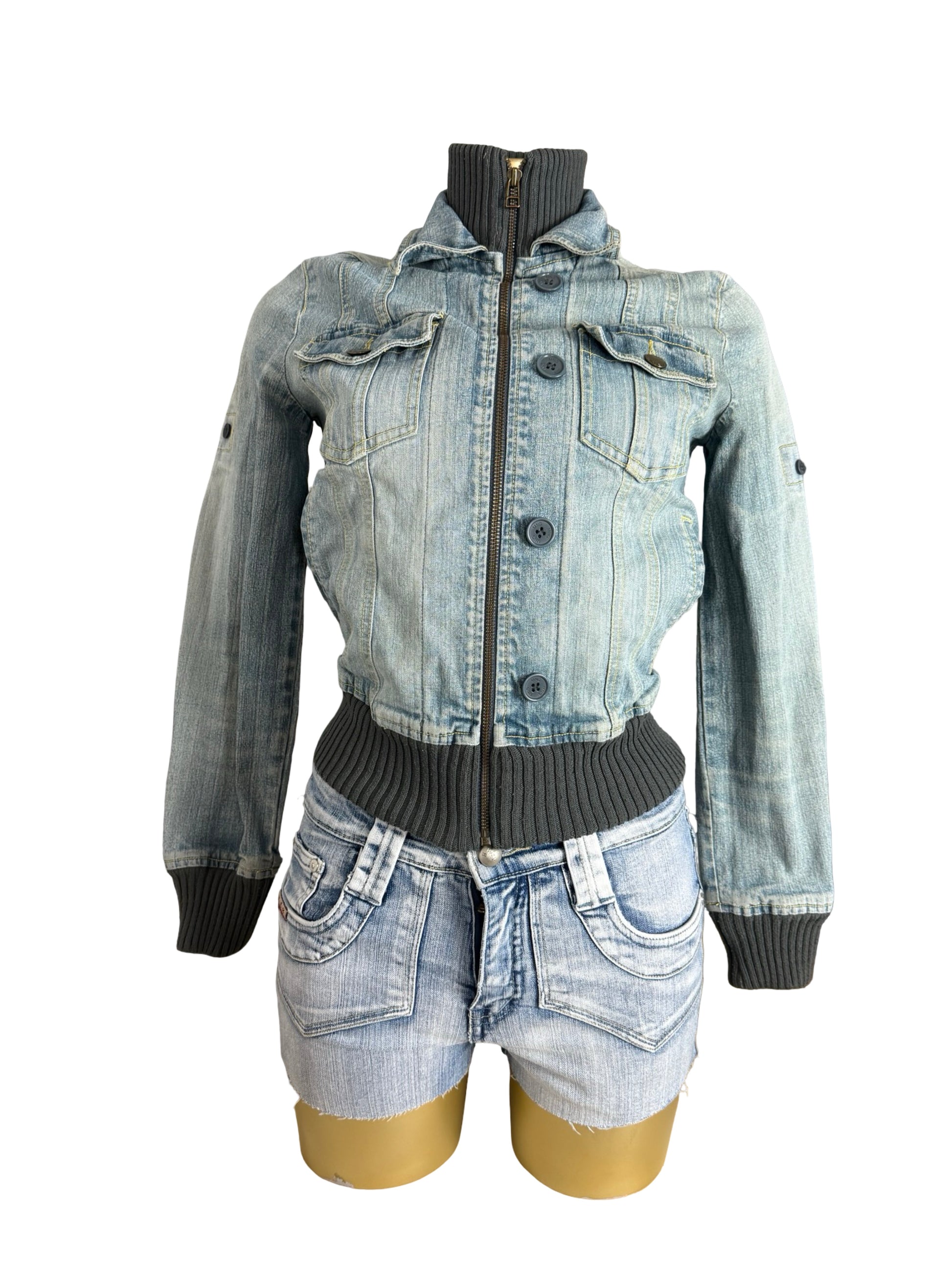 Blue denim zip up biker jacket (XS)