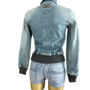 Blue denim zip up biker jacket (XS)