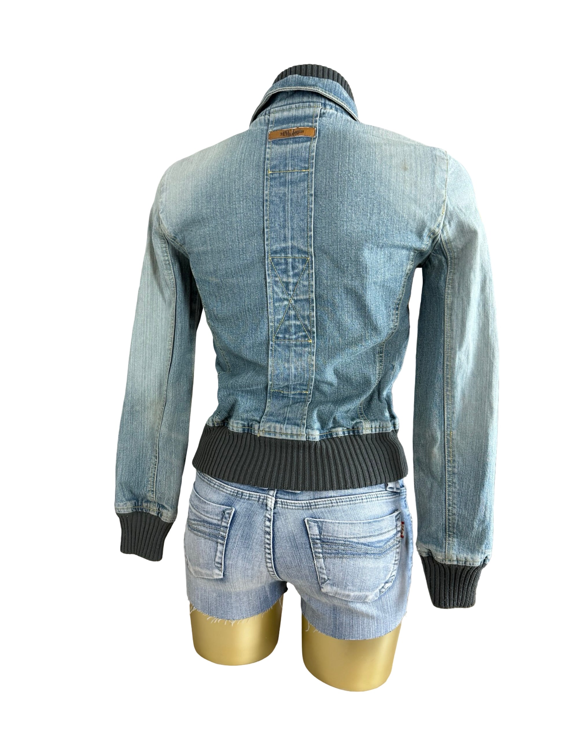 Blue denim zip up biker jacket (XS)