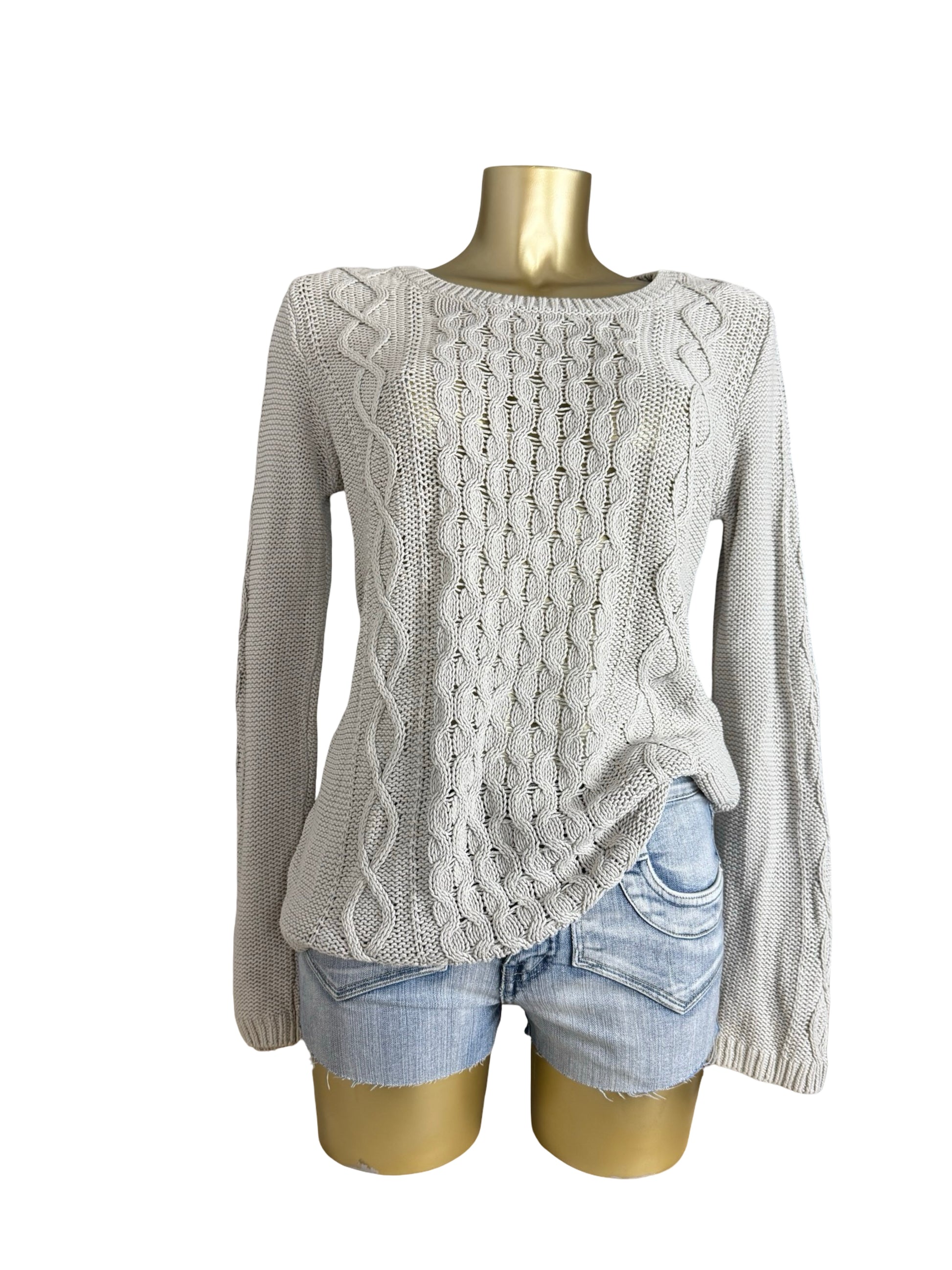 Beige cotton knitted tight fit jumper (M)