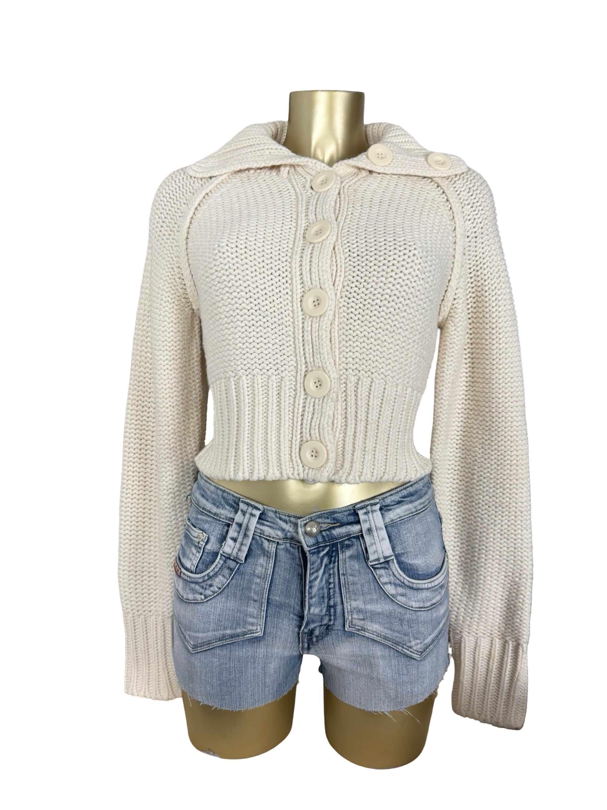 Cream cotton knitted tight cardigan fit jumper (XXL)