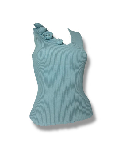 Blue ribbed flower appliqué knitted tank top (M)