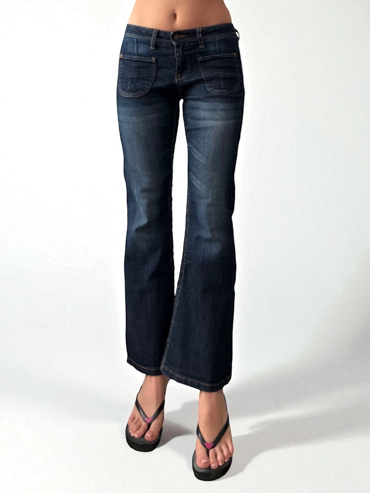 Navy blue denim low waist flared pants (S)