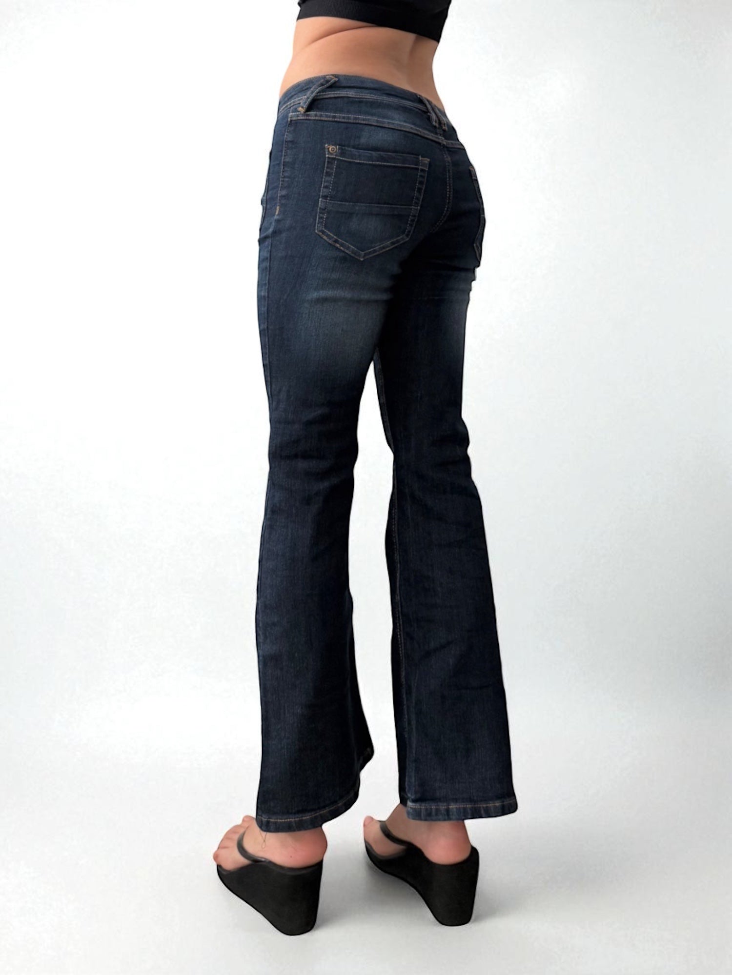 Navy blue denim low waist flared pants (S)