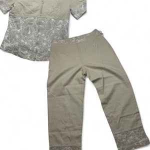 Beige zip up linen tee + capri pants set (S)