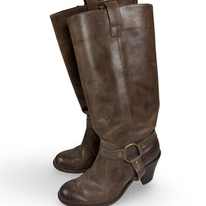 Brown buckle belt real leather knee high boots (36)
