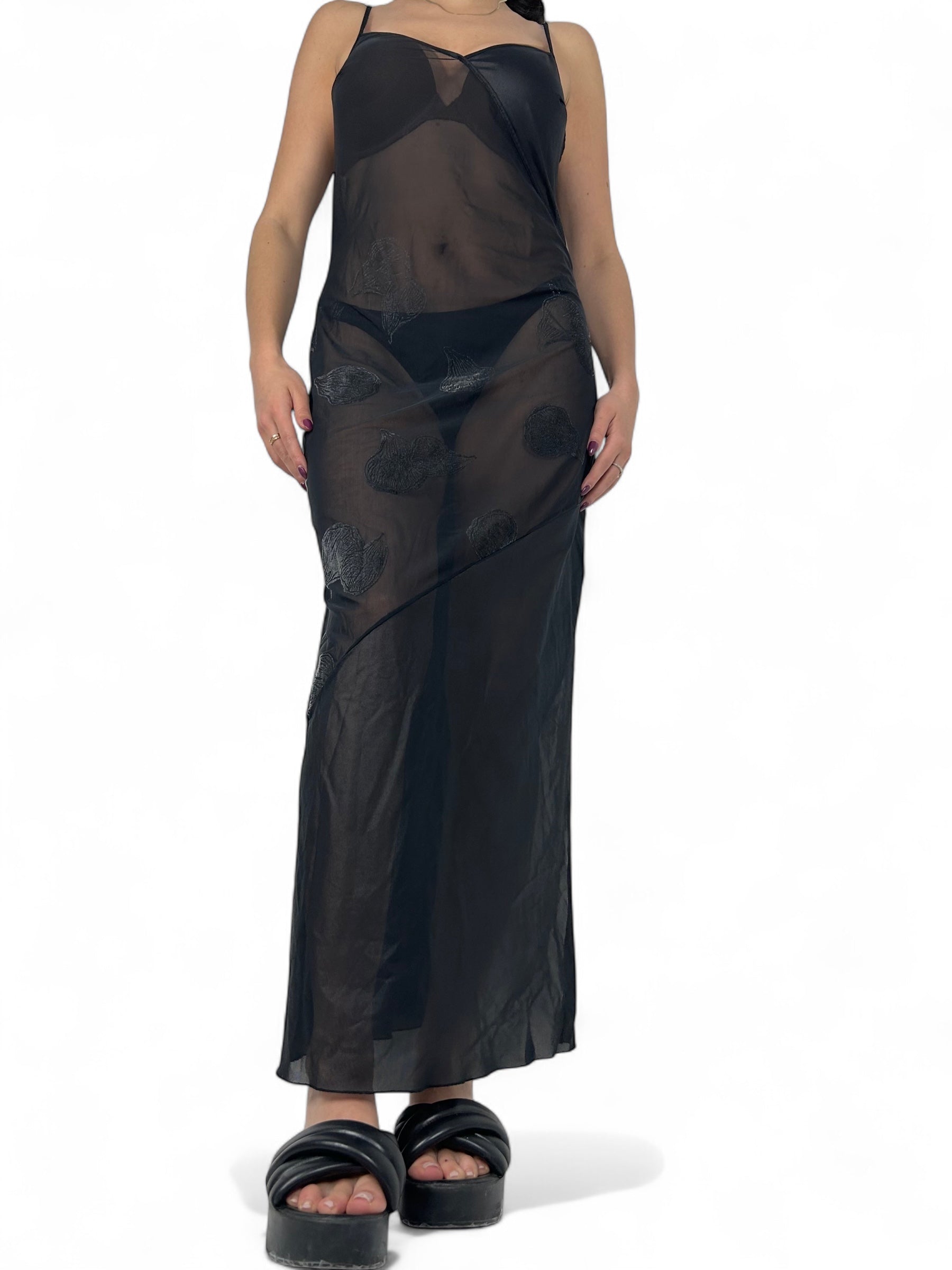 Black embroidered mesh maxi dress (S/M)