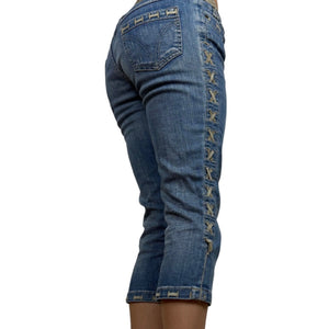 Blue denim lace up low rise capri pants (S/M)