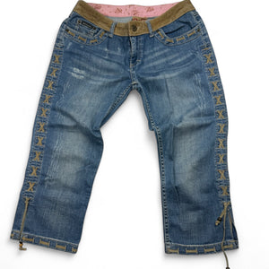 Blue denim lace up low rise capri pants (S/M)