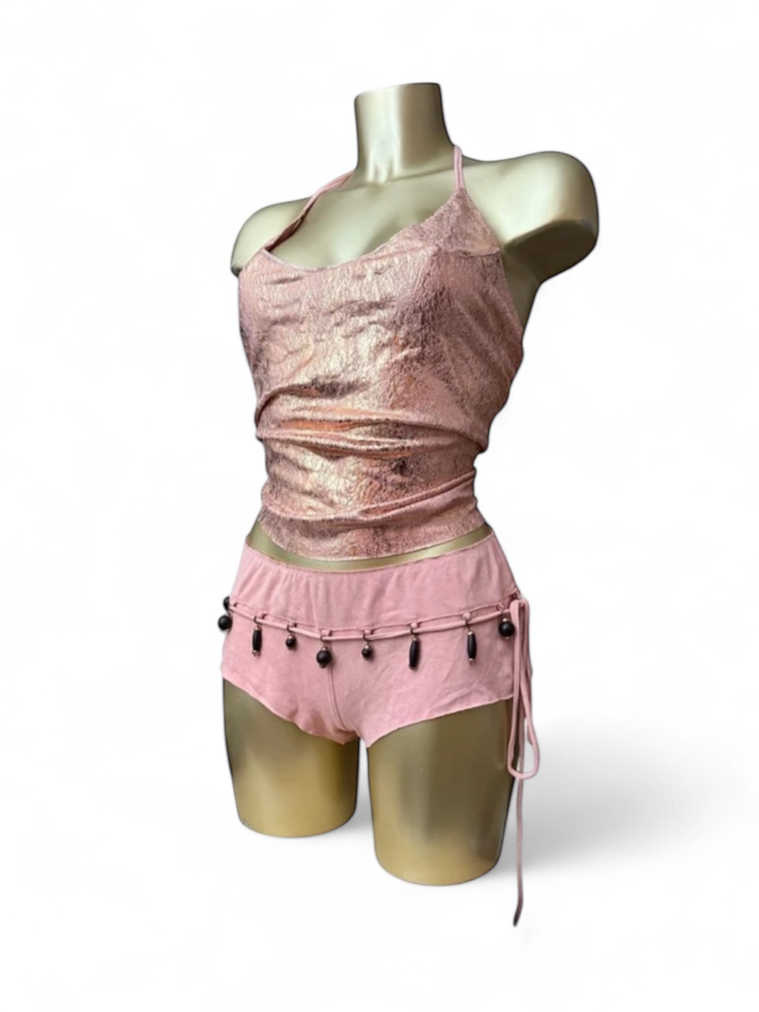 Pink suede low rise pearls mini short (S)