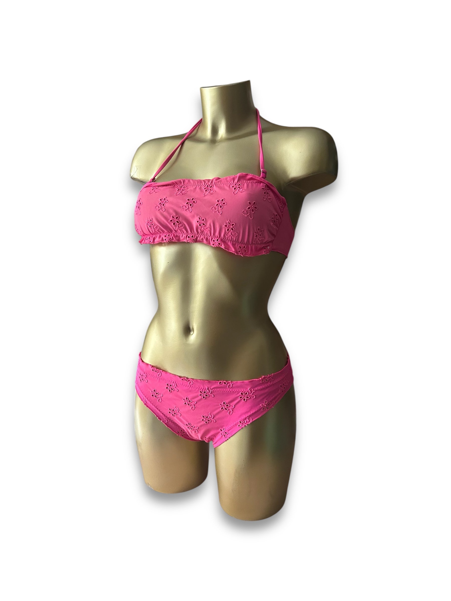 Pink embroidered low rise bikini set (XS)