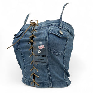 Denim blue lace up stretchy cami corset top