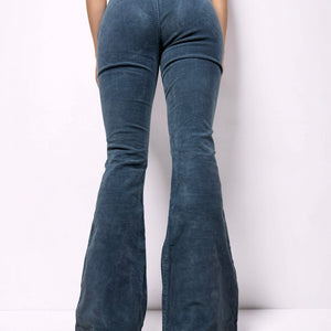 Blue velvet ribbed denim low rise flare pants (S)