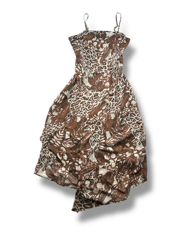 Beige graphic print mesh lined asymmetric dress (L)