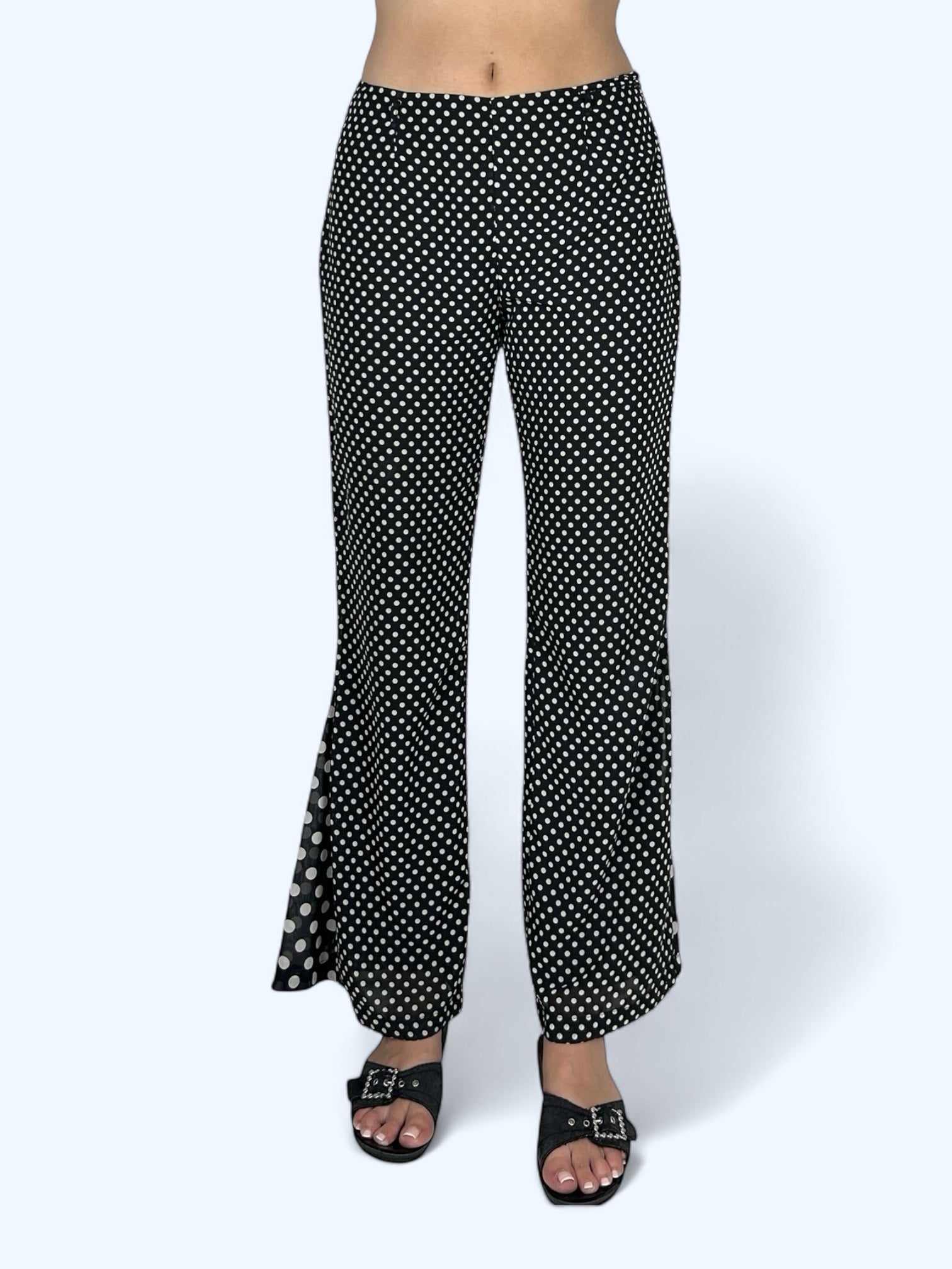 Black mid rise polka dots mesh lined flare pants (S)