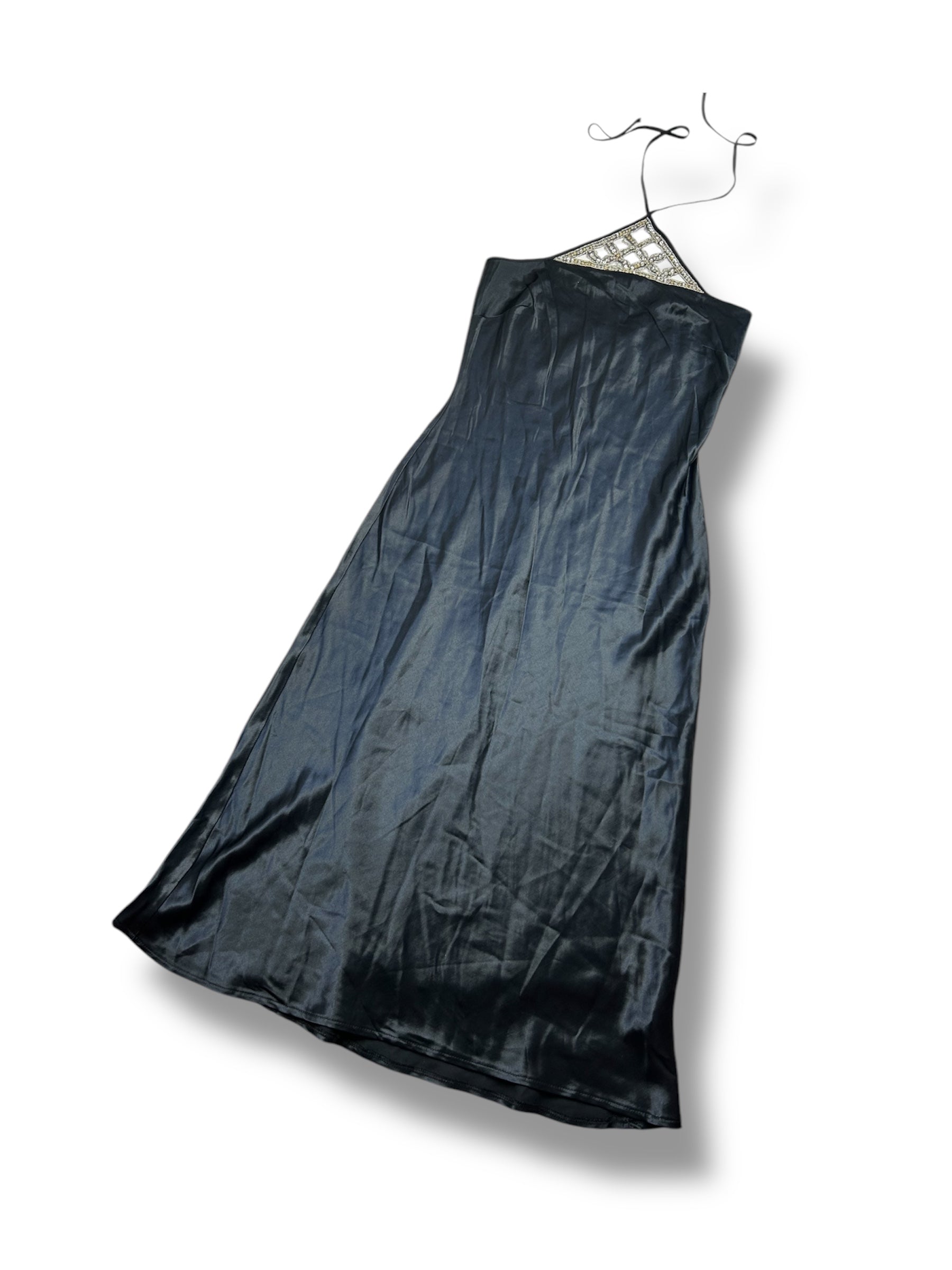 Black satin & pearls maxi dress (M)
