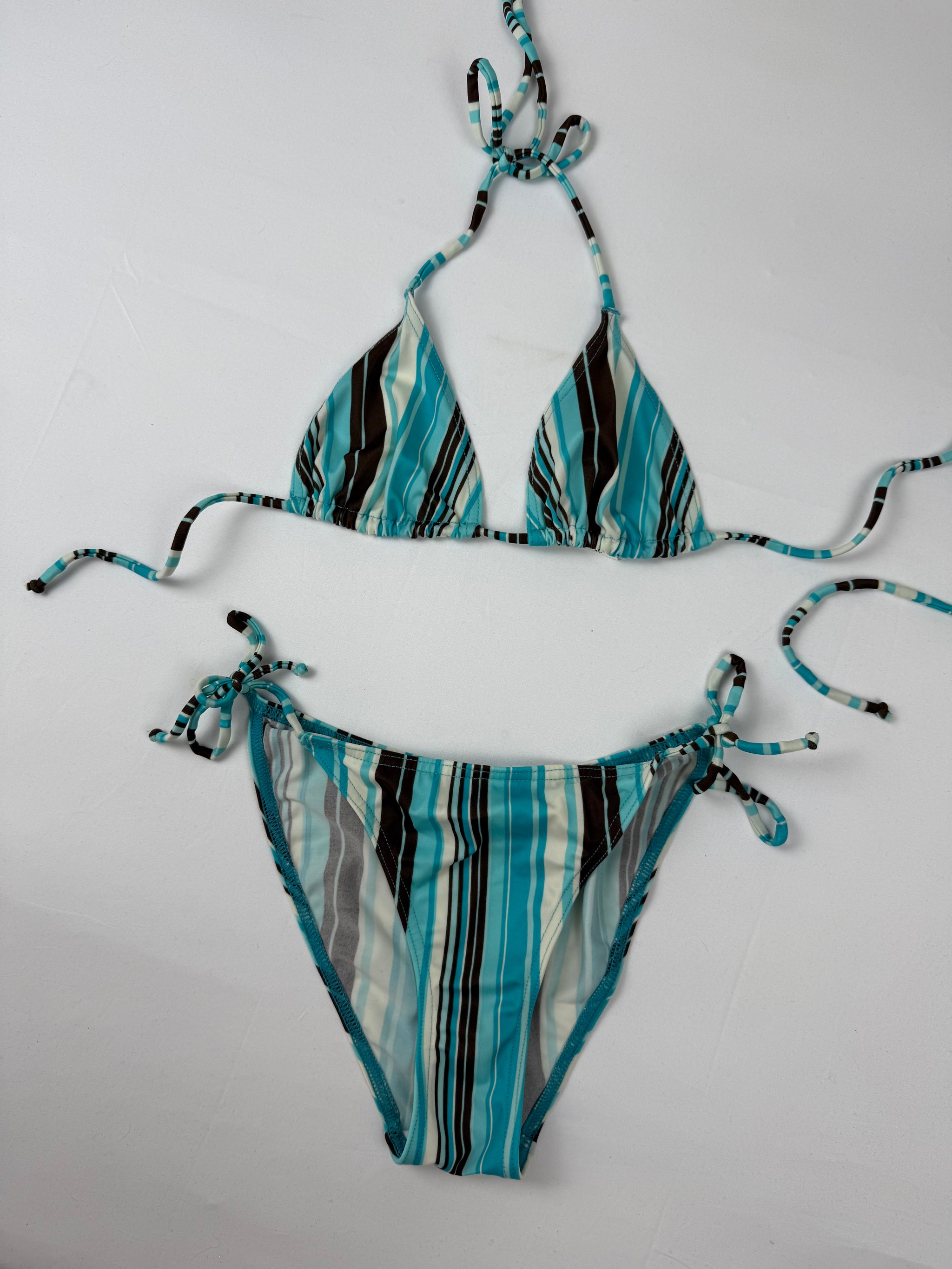 Blue tie up striped low rise bikini set (M)