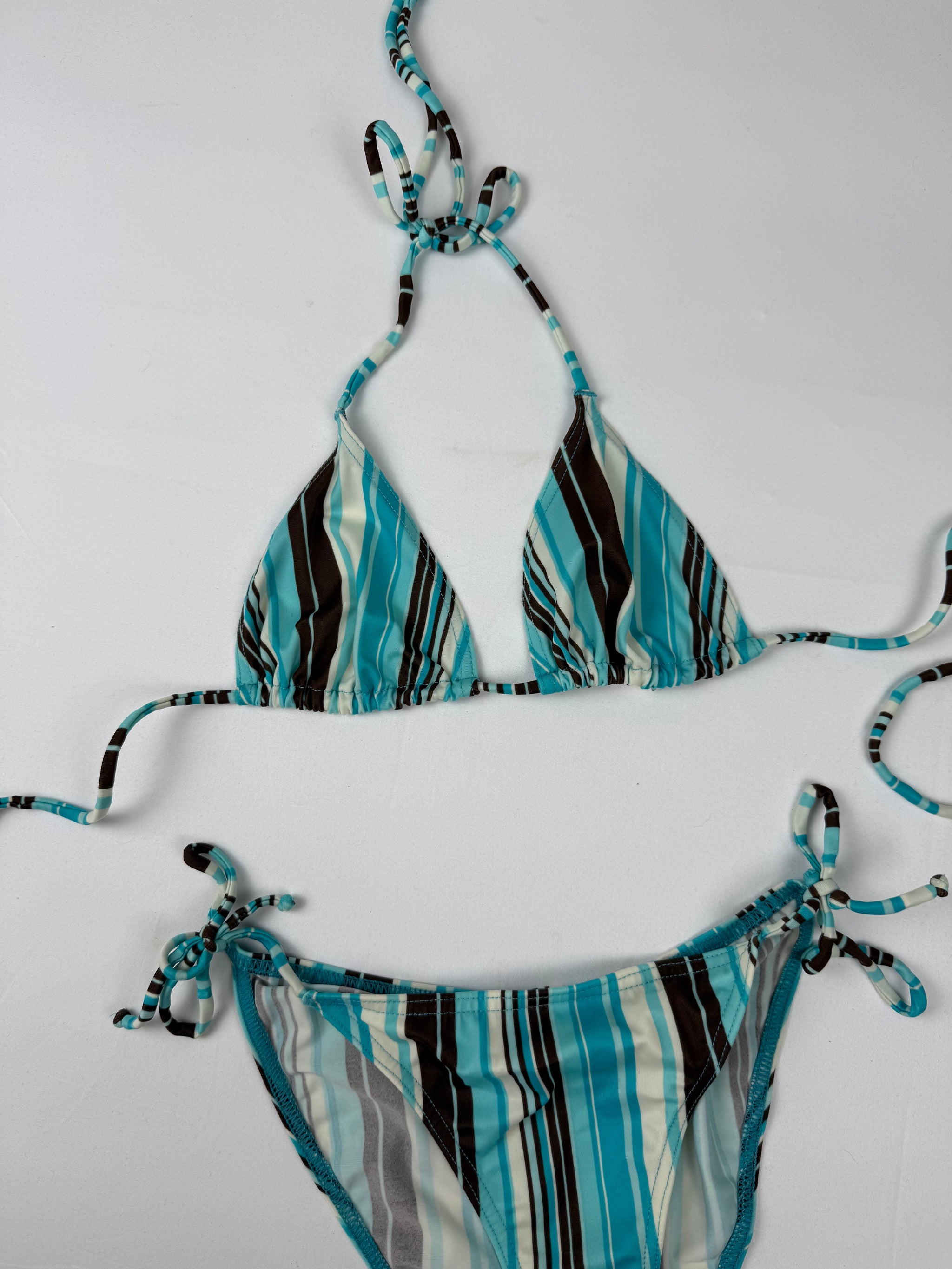 Blue tie up striped low rise bikini set (M)