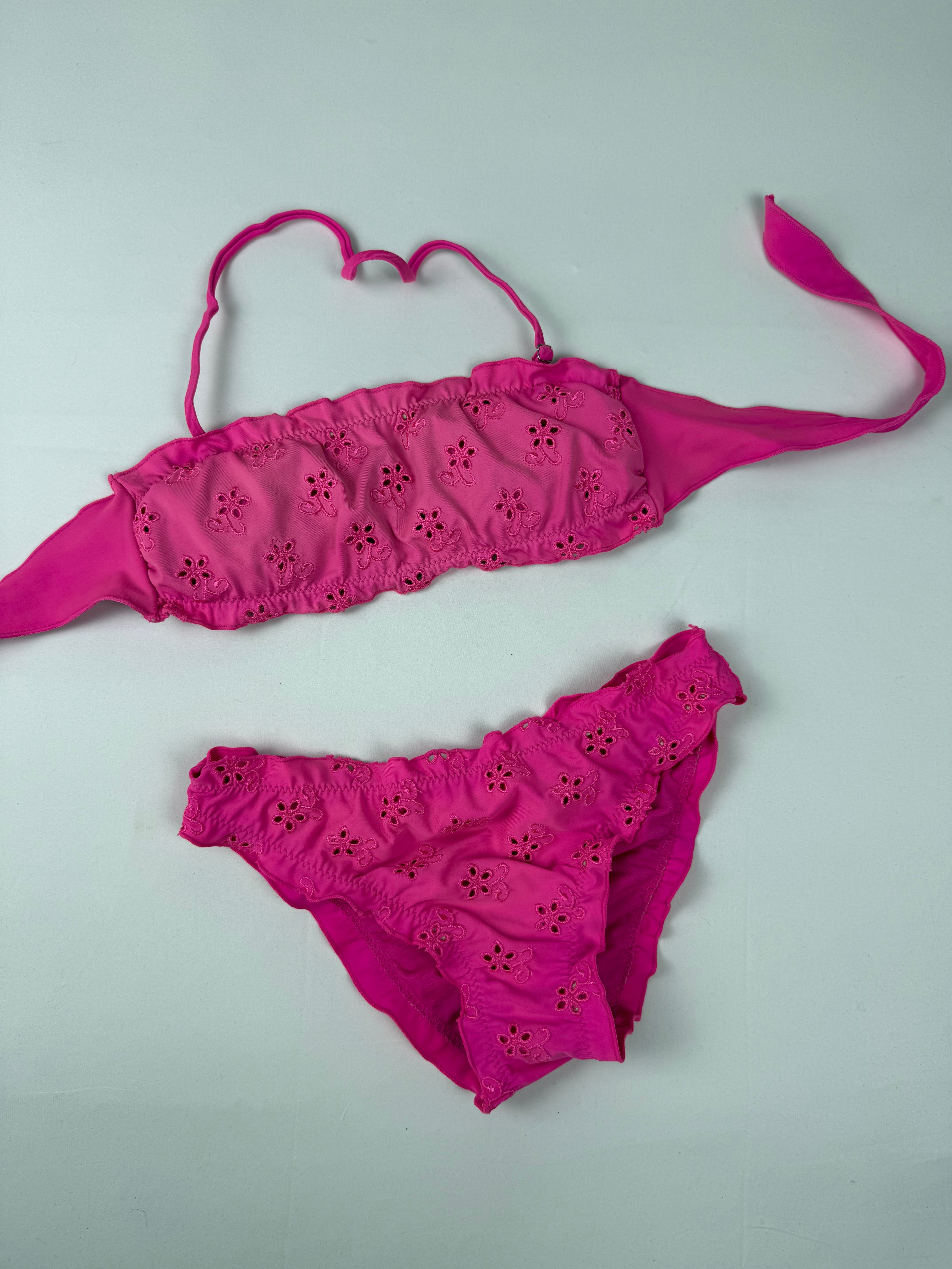Pink embroidered low rise bikini set (XS)