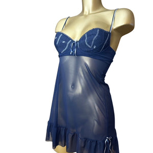 Navy blue mesh see trough babydoll mini dress (S)