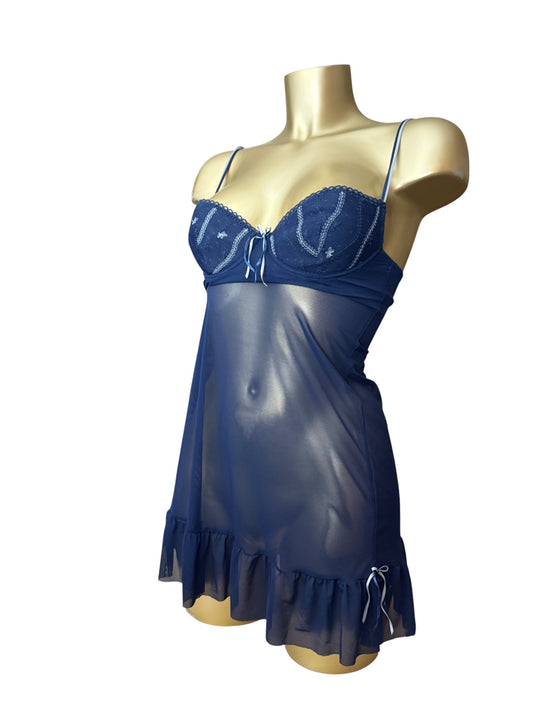 Navy blue mesh see trough babydoll mini dress (S)