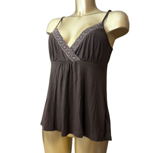 Brown embroidered pearls pleated top (M)