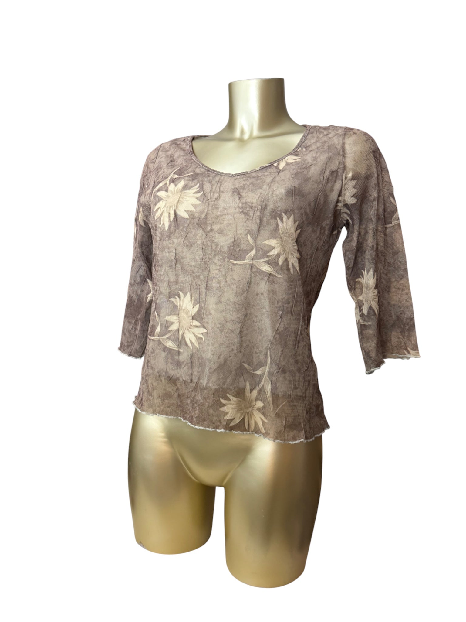 Brown mesh lined flared sleeves top (M)