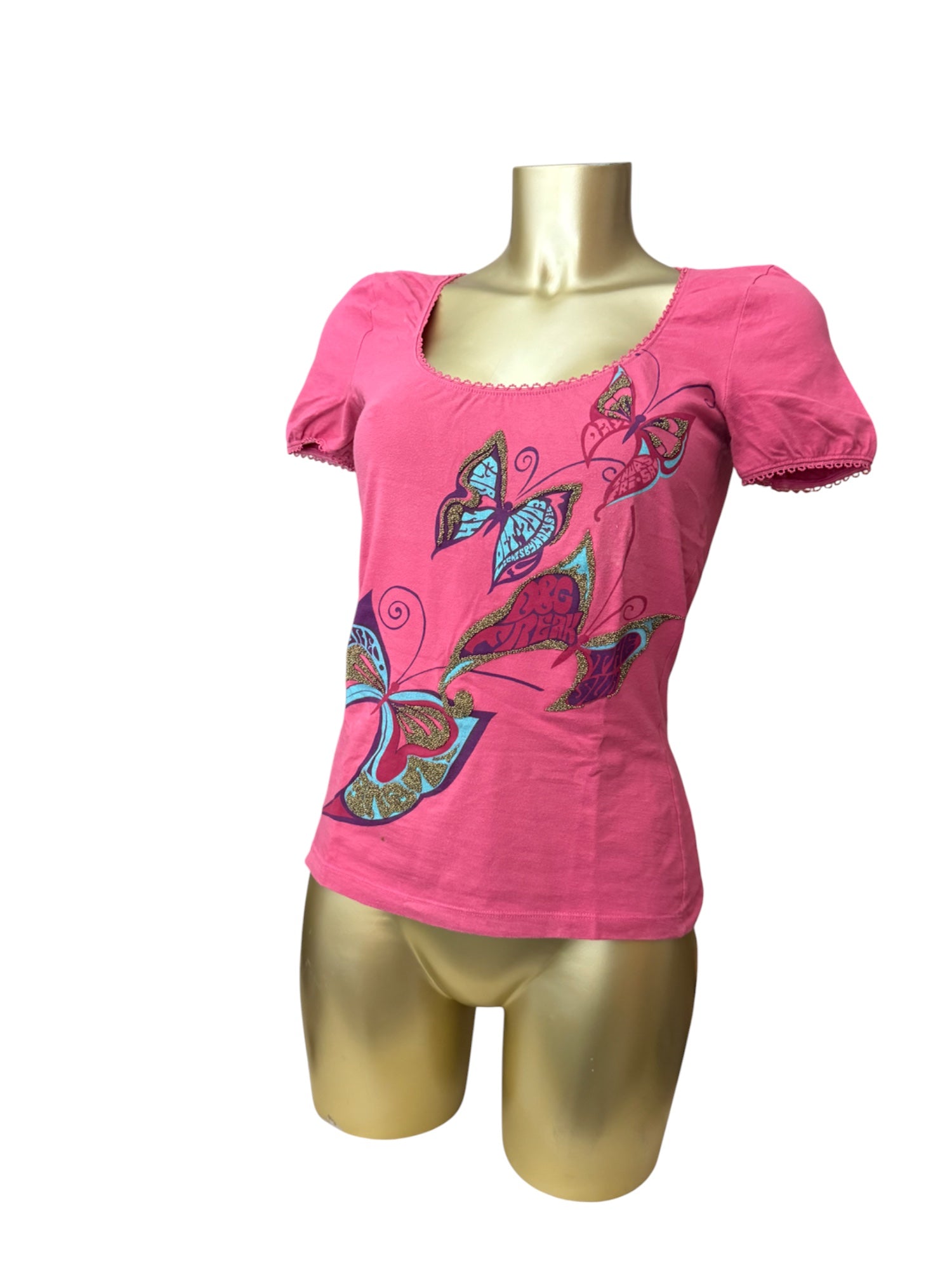 Pink butterfly print cotton stretchy tee (L)
