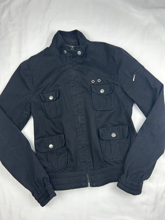 Black denim zip up biker jacket (XS/S)