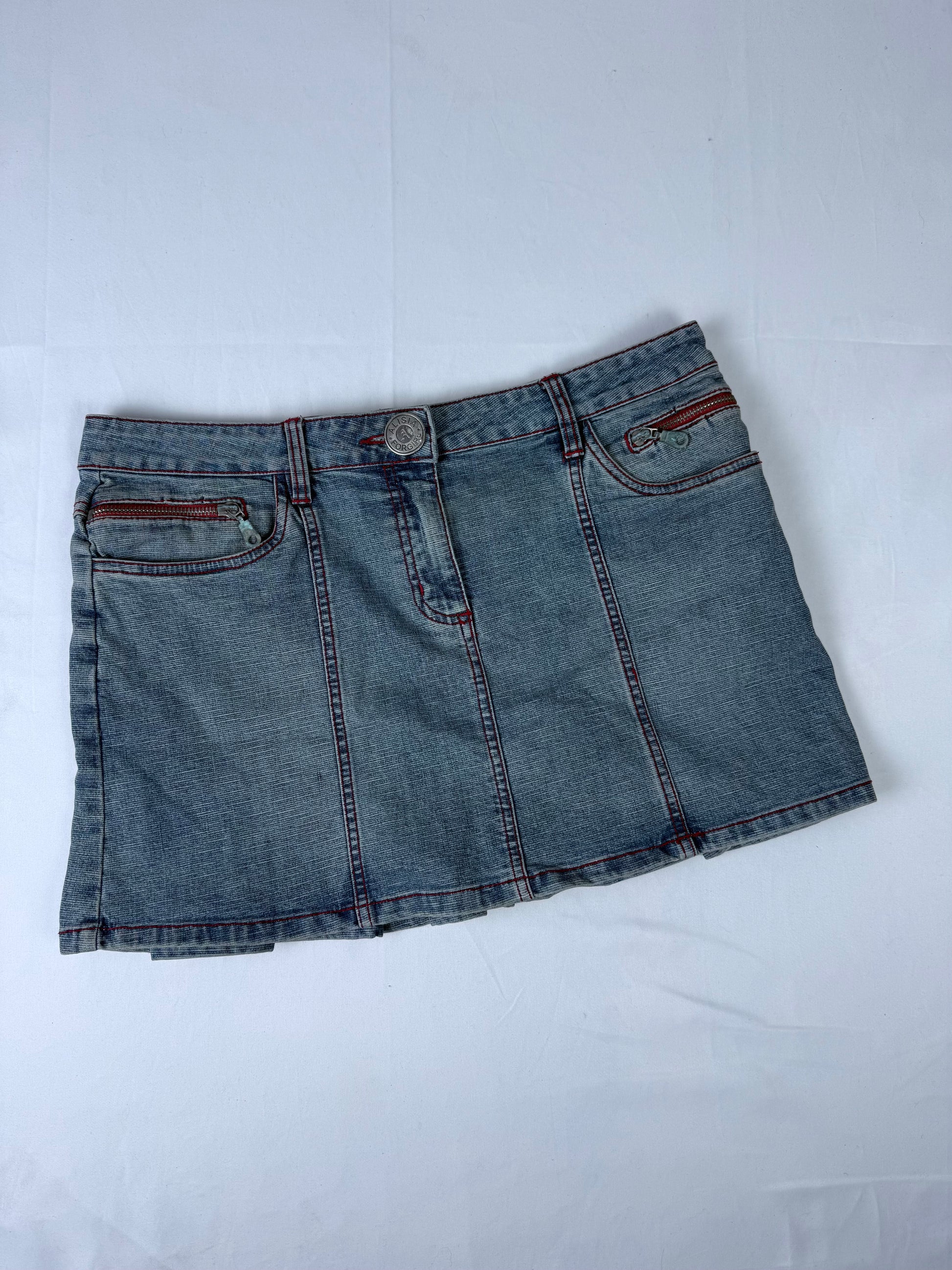 Blue denim low rise pleated mini skirt (XL)