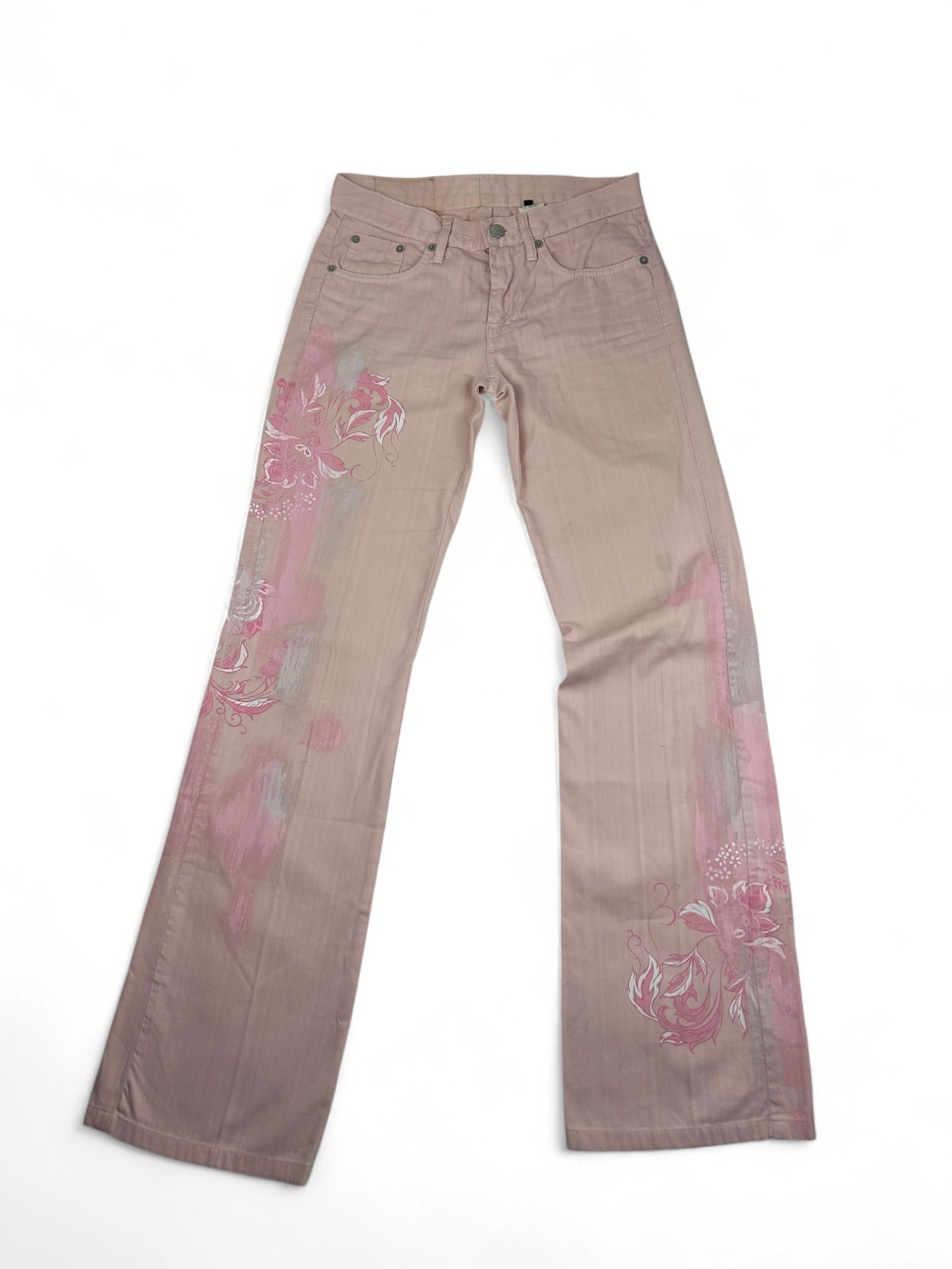 Baby pink denim low rise flare pants (S)