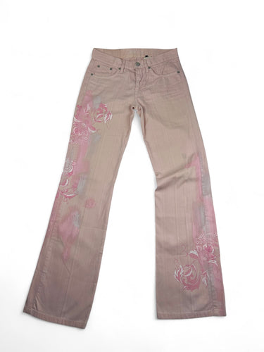 Baby pink denim low rise flare pants (S)