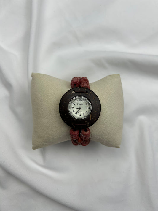 Vintage wood pearls red bracelet jewelry watch