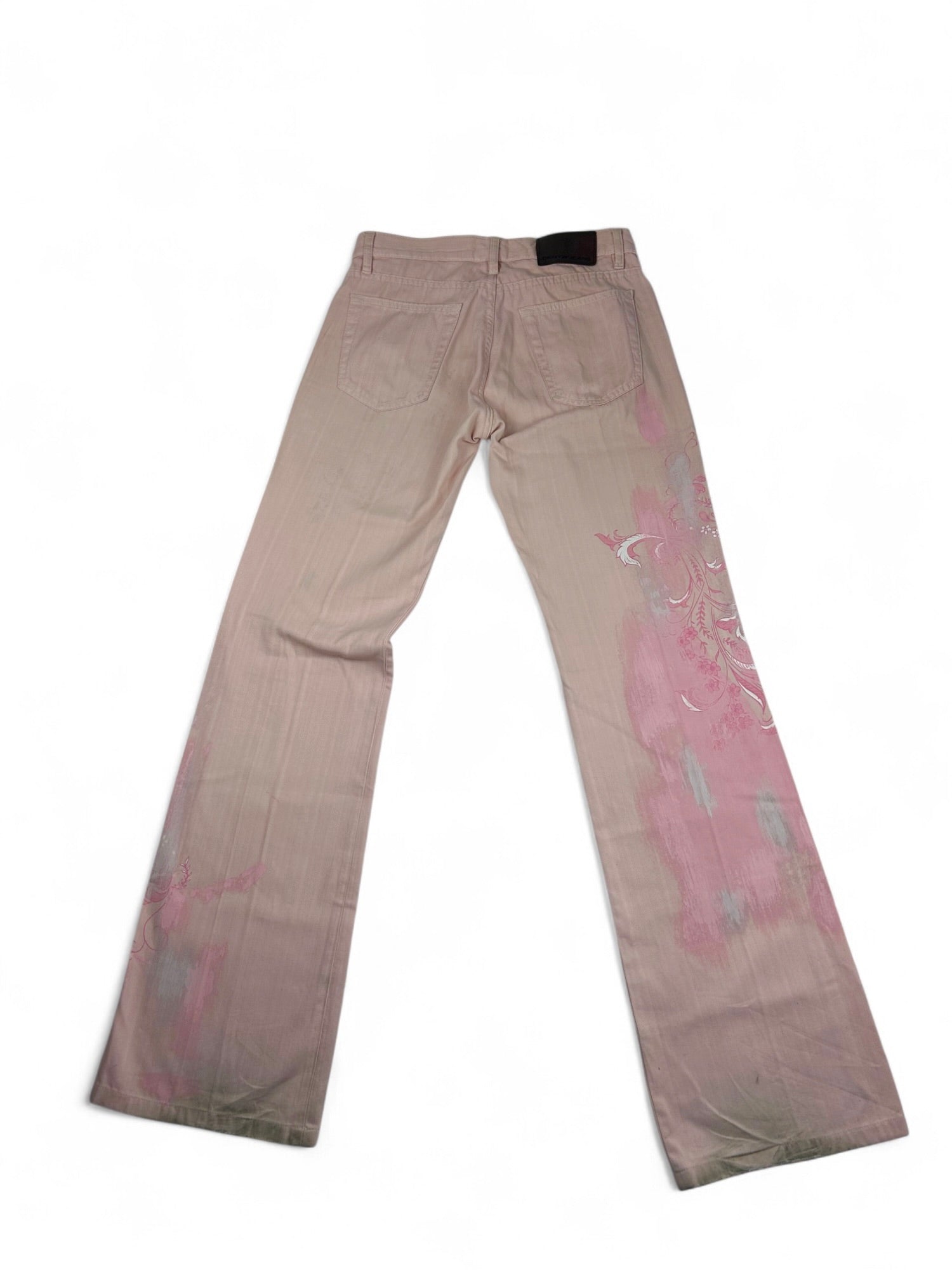 Baby pink denim low rise flare pants (S)
