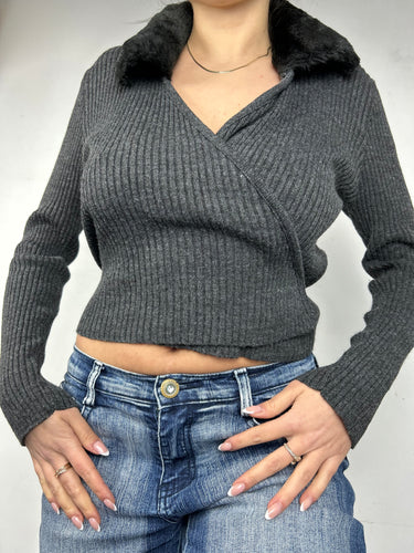 Grey faux fur neck cardigan jumper (S)
