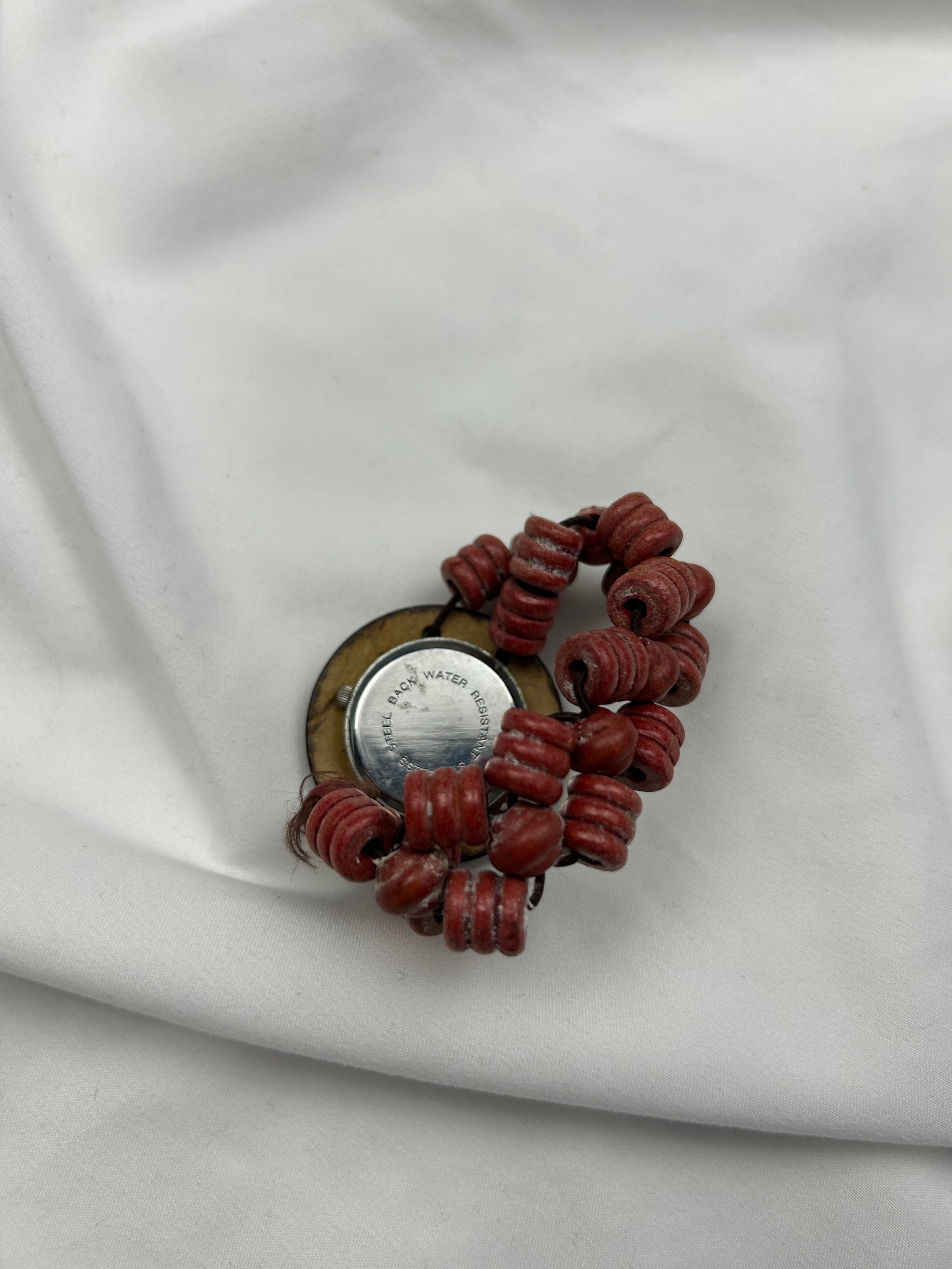 Vintage wood pearls red bracelet jewelry watch