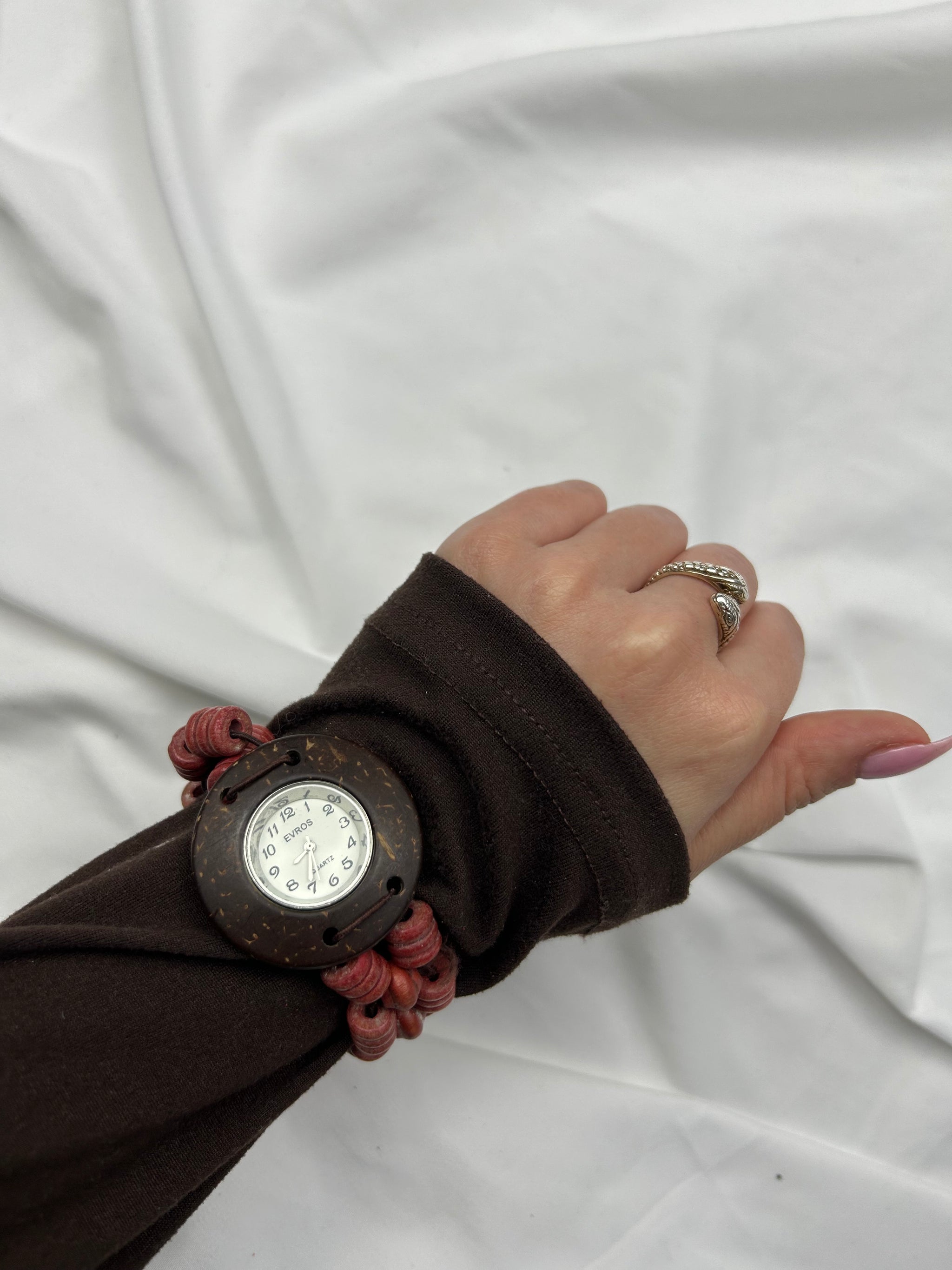 Vintage wood pearls red bracelet jewelry watch
