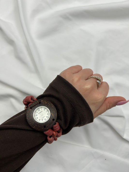 Vintage wood pearls red bracelet jewelry watch