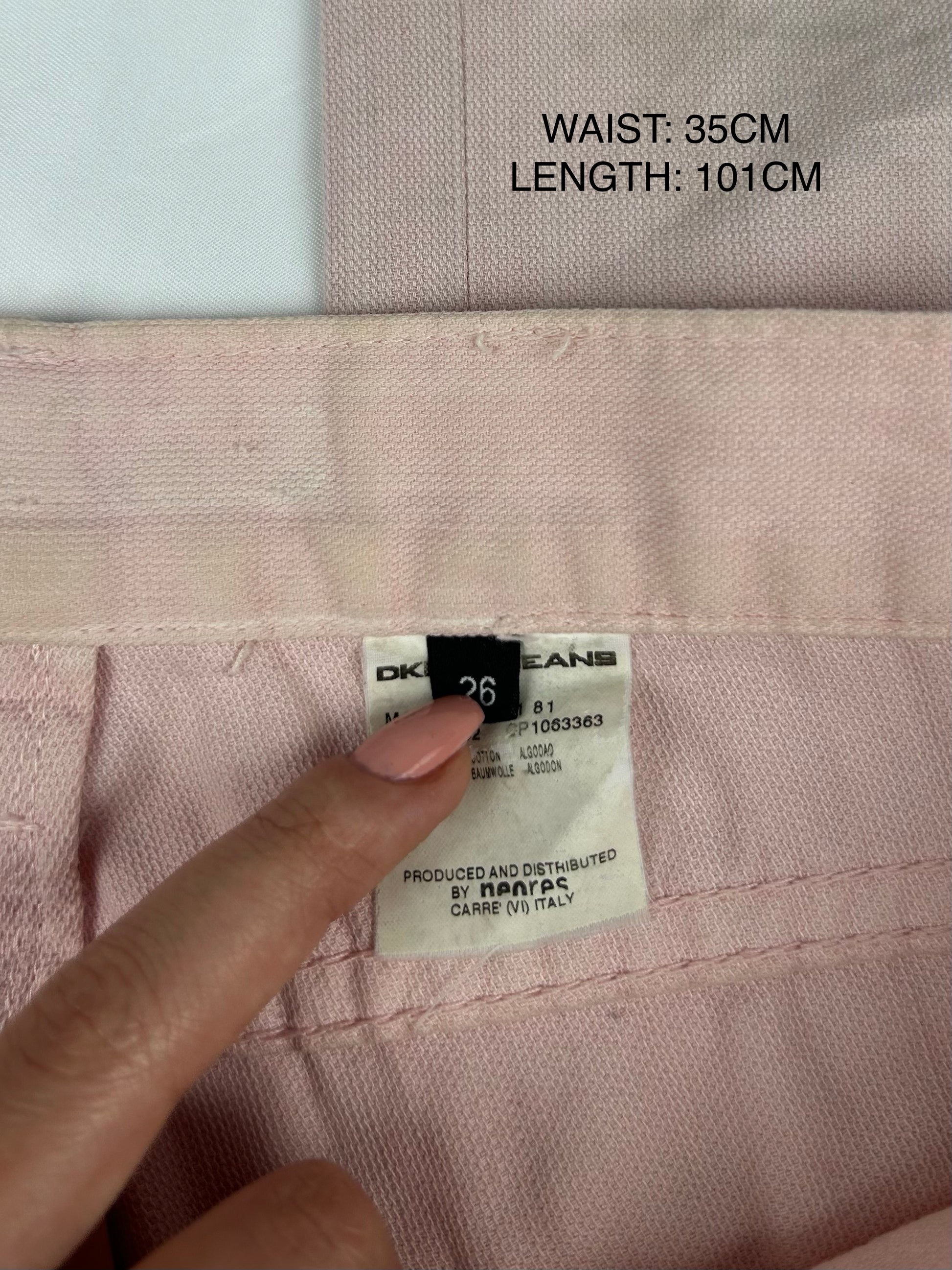 Baby pink denim low rise flare pants (S)
