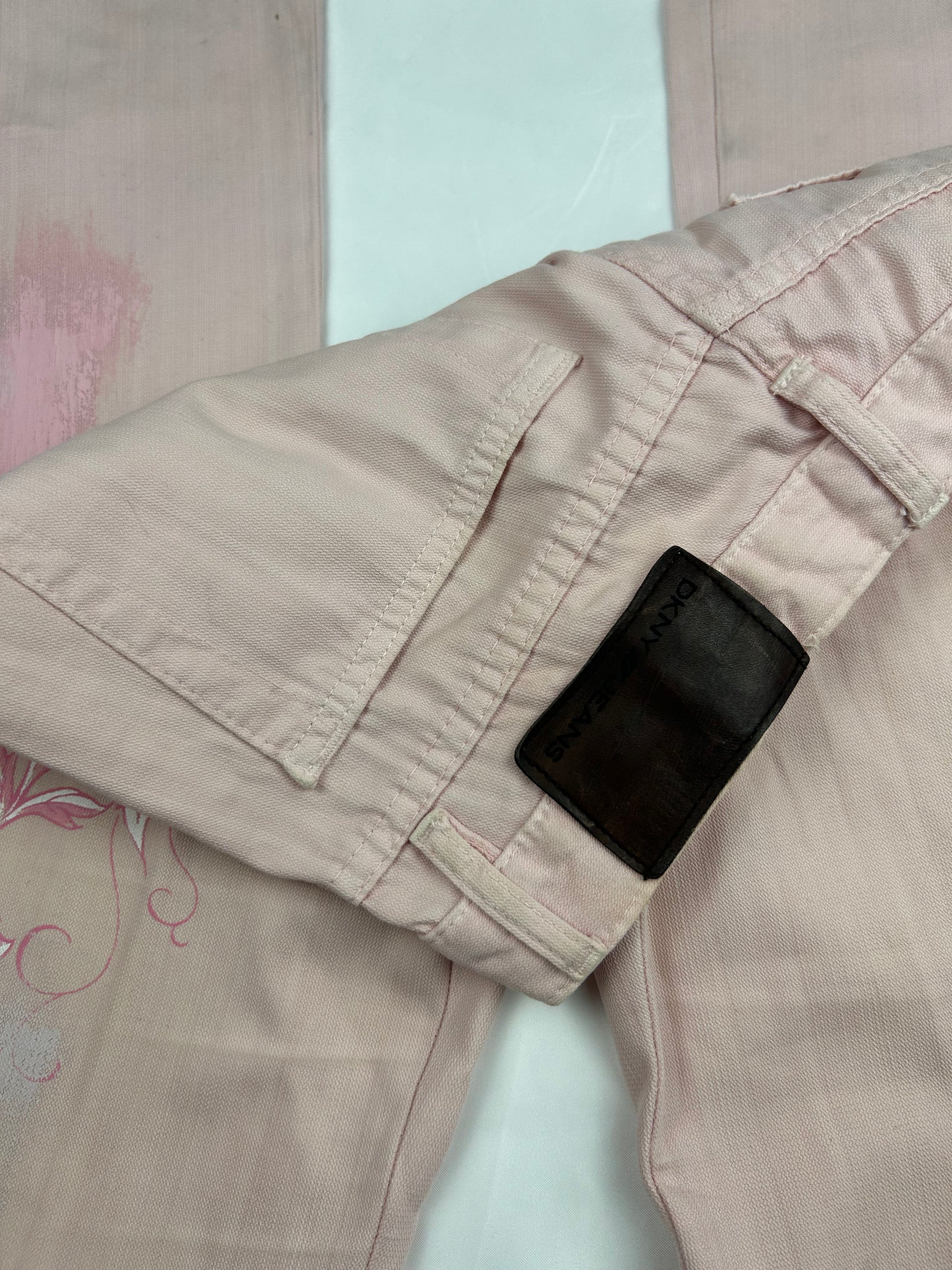 Baby pink denim low rise flare pants (S)