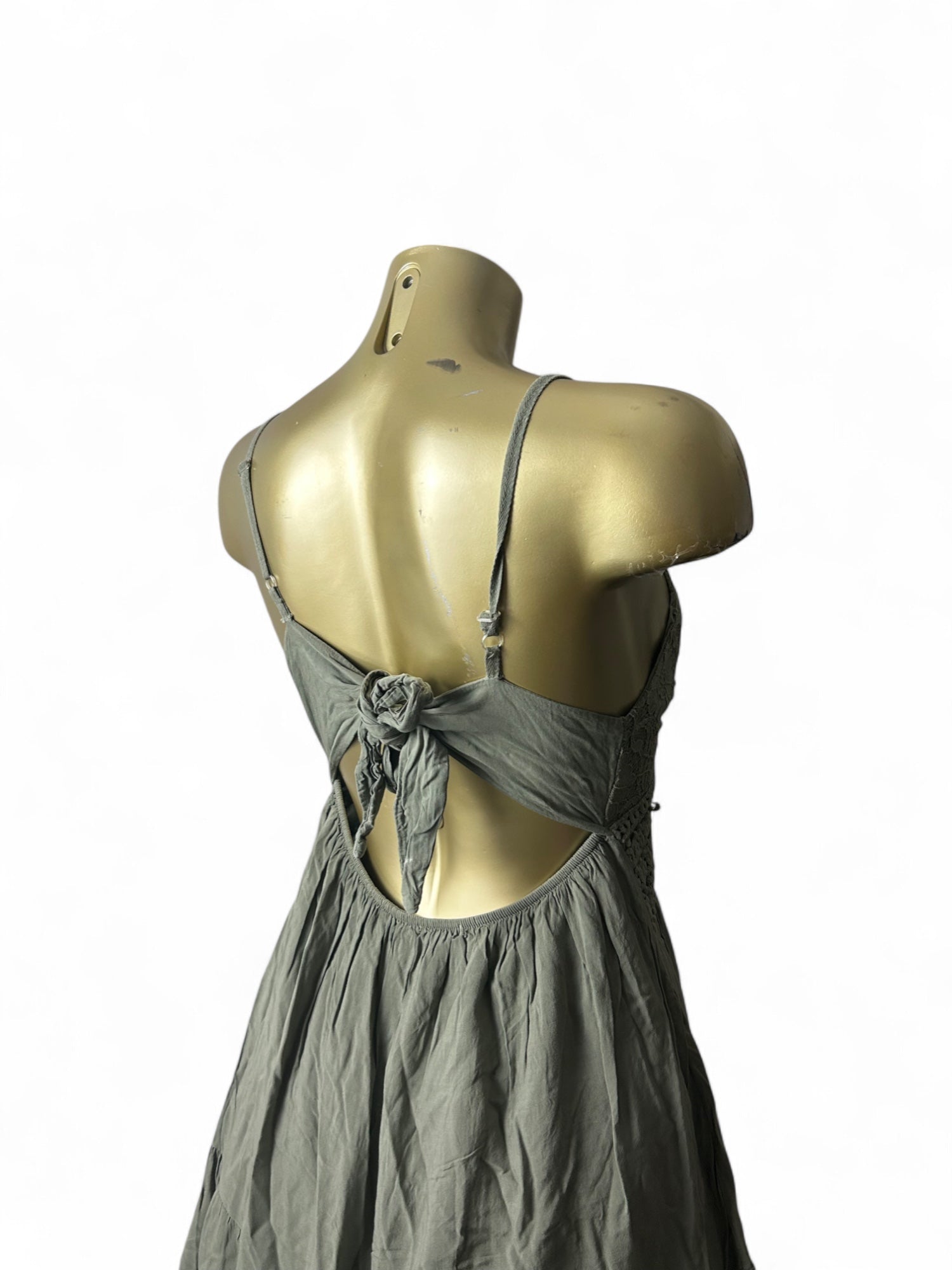 Khaki backless pleated summer mid dress (S/M)