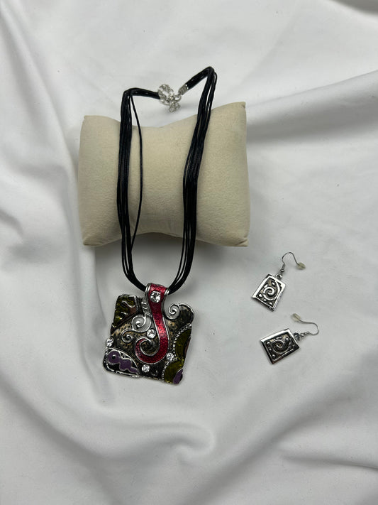 Boho pendant cord necklace + earrings set